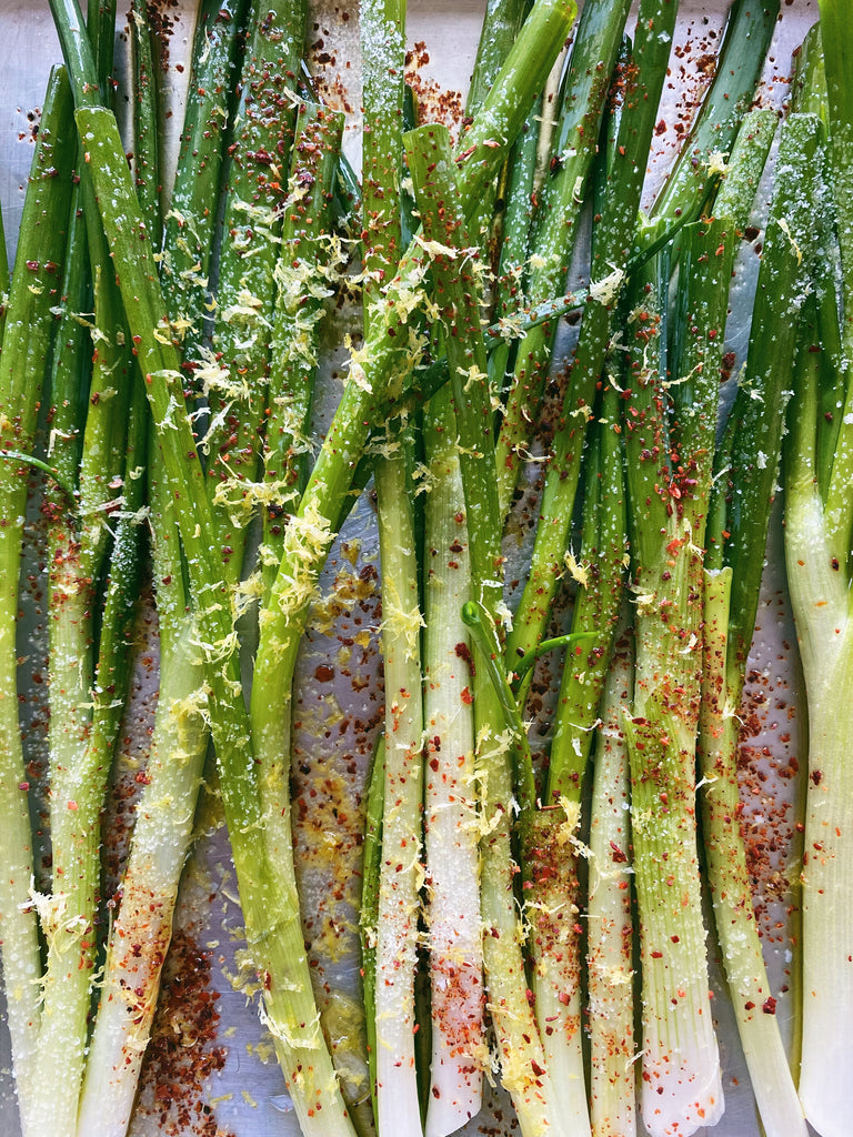 Charred scallions on toast 