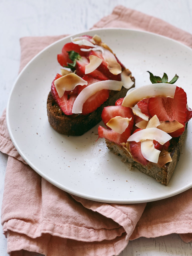 Peanut butter, strawberry, toasted coconut flakes toast